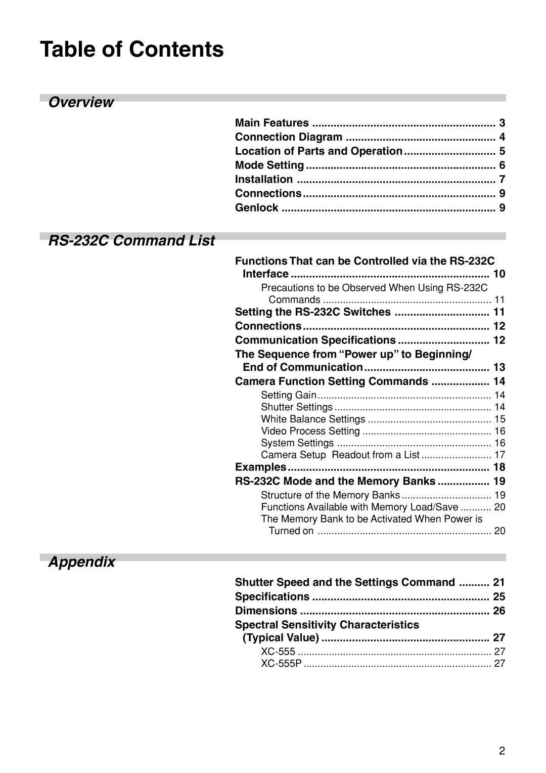 Sony XC-555P technical manual Table of Contents 