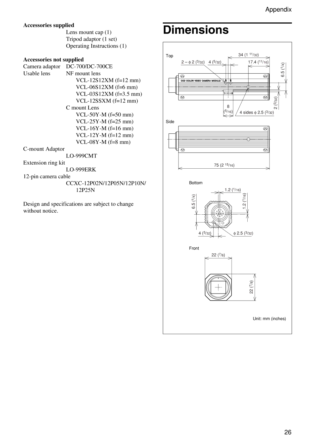 Sony XC-555P technical manual Dimensions, Accessories not supplied 