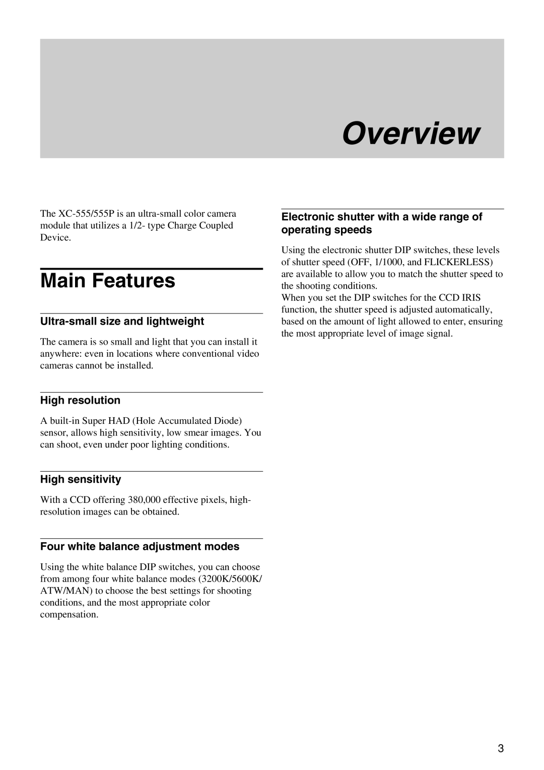 Sony XC-555P technical manual Main Features 