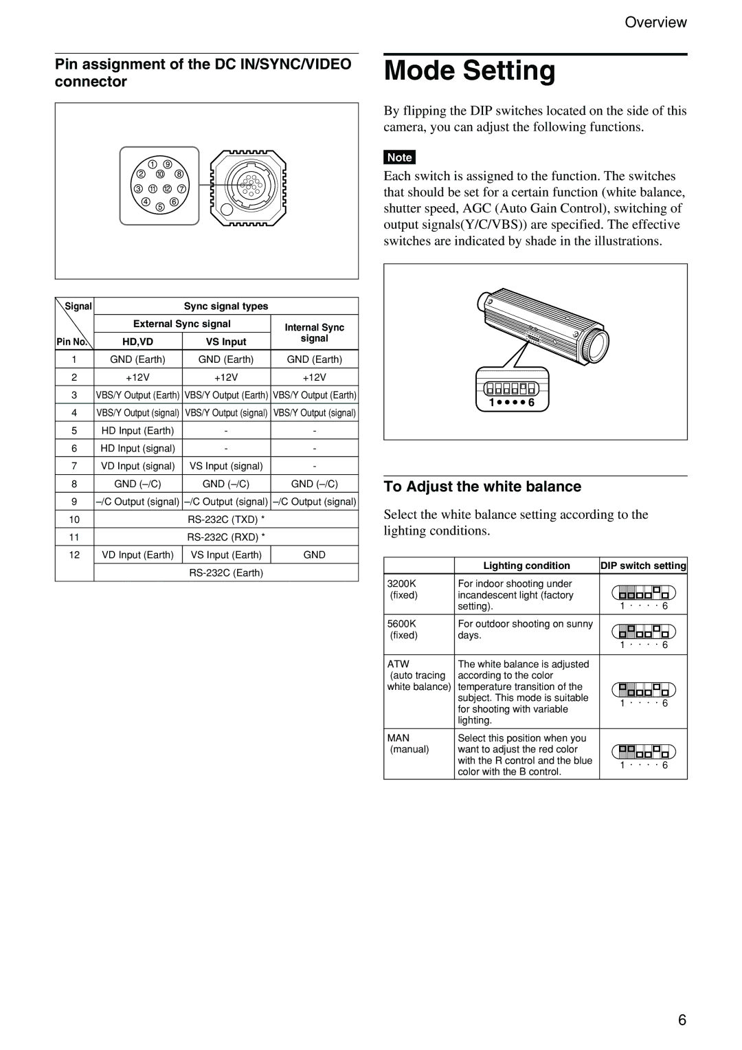 Sony XC-555P Mode Setting, Pin assignment of the DC IN/SYNC/VIDEO connector, To Adjust the white balance 