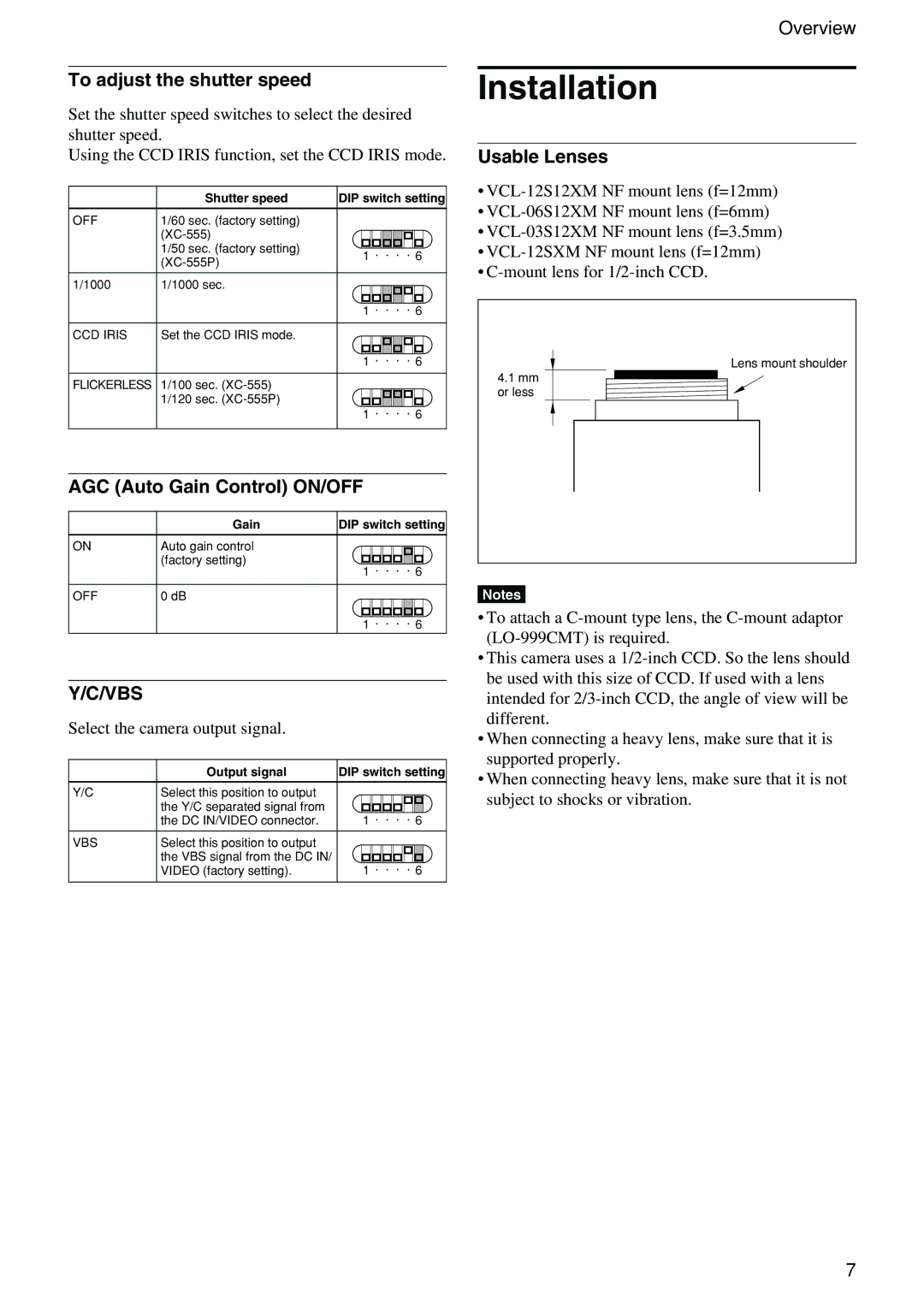 Sony XC-555P technical manual Installation, To adjust the shutter speed, AGC Auto Gain Control ON/OFF, Usable Lenses 