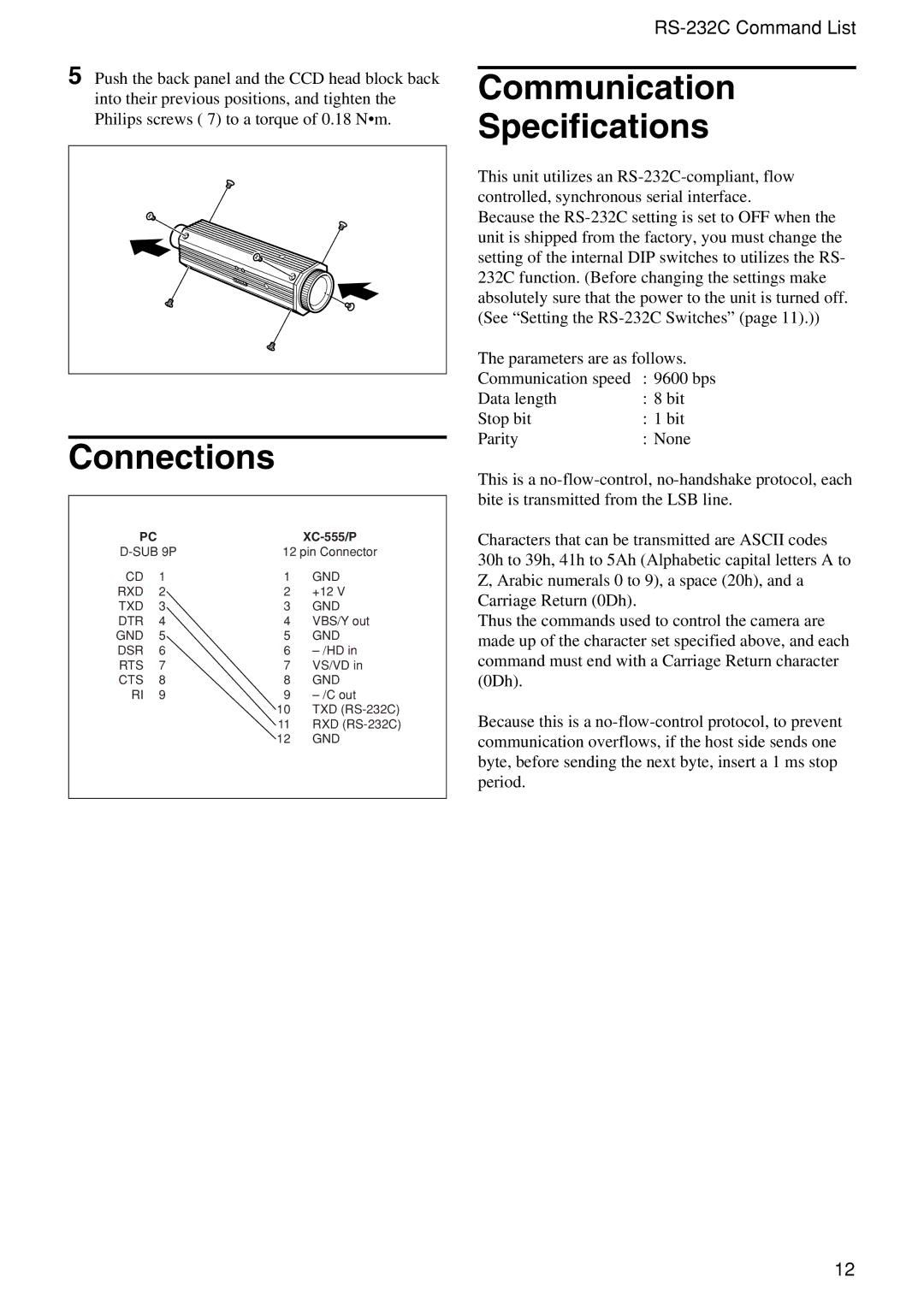 Sony XC-555/555P technical manual Connections, Communication Specifications 