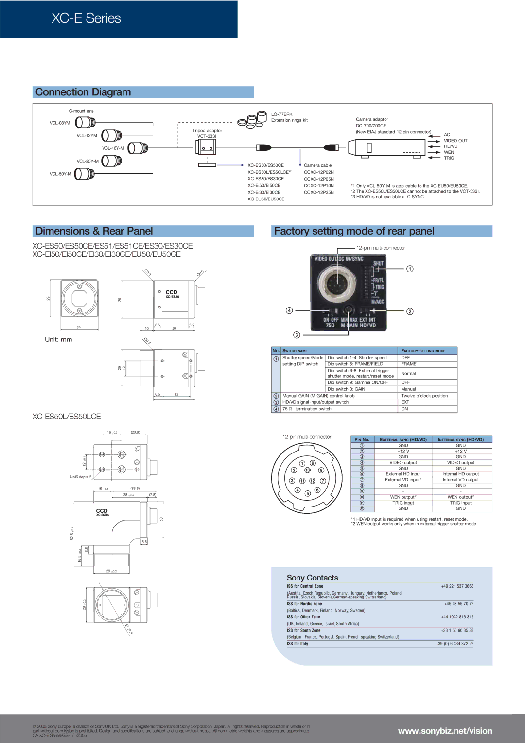 Sony XC-E Series dimensions Connection Diagram, Dimensions & Rear Panel, Factory setting mode of rear panel 