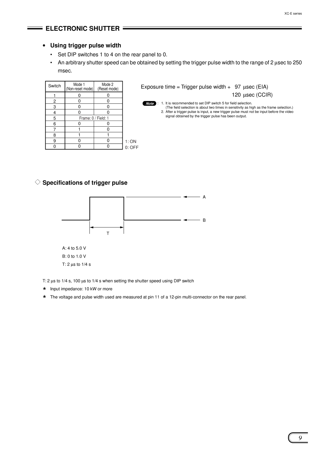 Sony XC-ES50/50CE manual ∙ Using trigger pulse width, Specifications of trigger pulse 