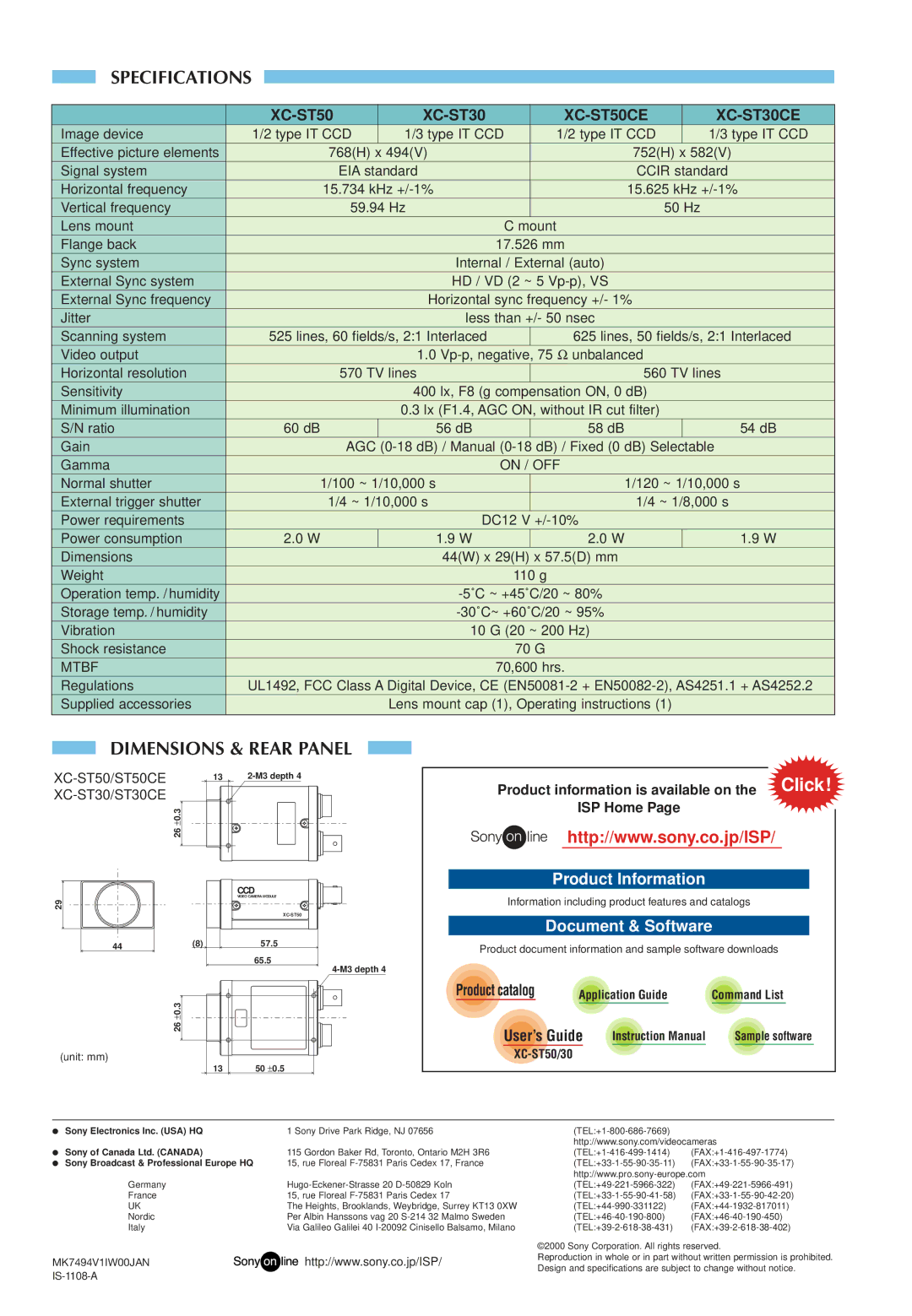 Sony XC-ST30, XC-ST50, ST30CE dimensions Specifications, Dimensions & Rear Panel 