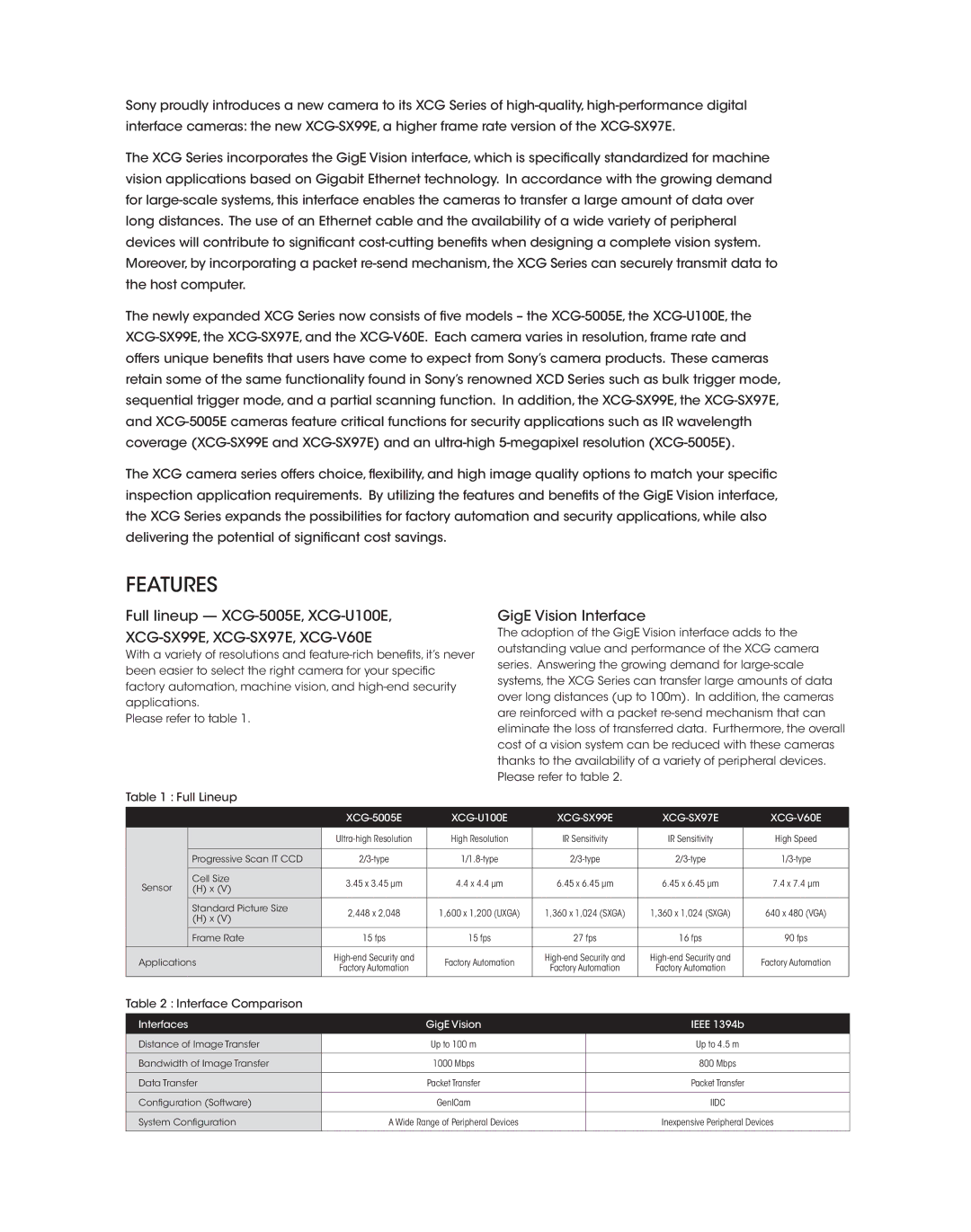 Sony XCG-SX97E, XCG-U100E, XCG-V60E, XCG-5005E, XCG-SX99E manual Features, GigE Vision Interface 