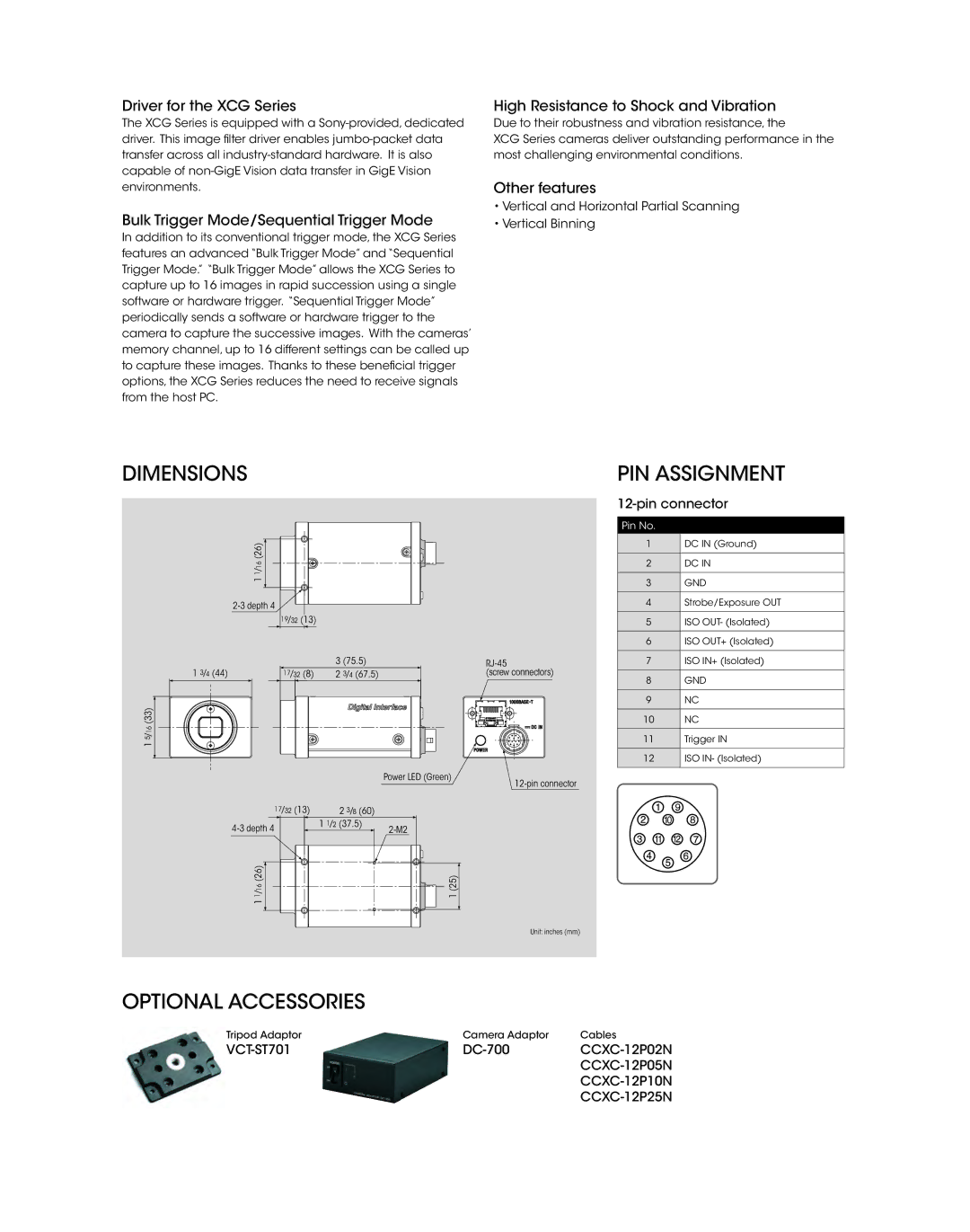 Sony XCG-5005E, XCG-U100E, XCG-V60E, XCG-SX97E, XCG-SX99E manual Dimensions PIN Assignment, Optional Accessories 