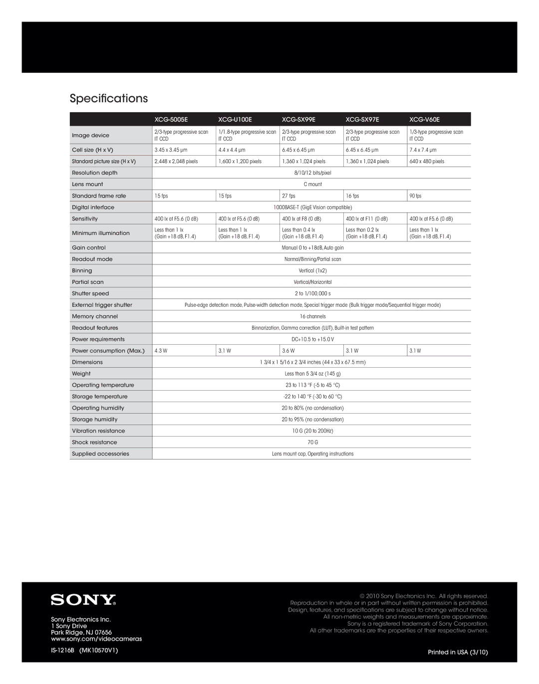 Sony XCG-SX99E, XCG-U100E, XCG-V60E, XCG-SX97E, XCG-5005E manual Specifications 