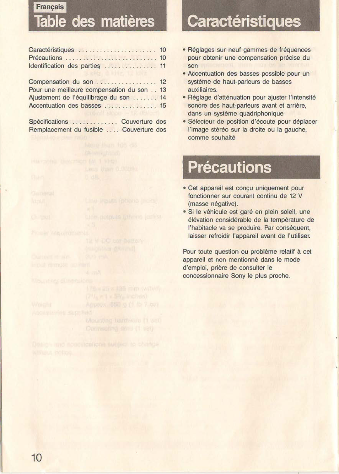 Sony XE-90MKII operating instructions Lable des matiiues, Caracteristiques 