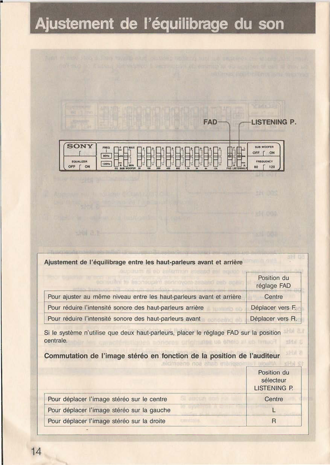 Sony XE-90MKII operating instructions ~~~~~~, IAjustement de Iequilibrage du son 