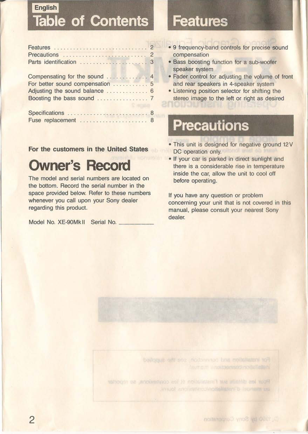 Sony XE-90MKII operating instructions Table of Contents, Owners Record, Precautions 