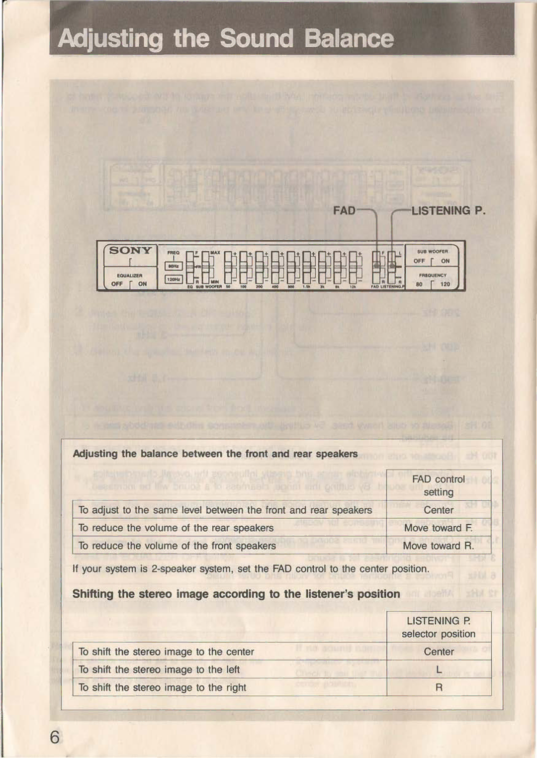 Sony XE-90MKII operating instructions Adjusting the Sound Balance, Adjusting Balance Between the front and rear speakers 