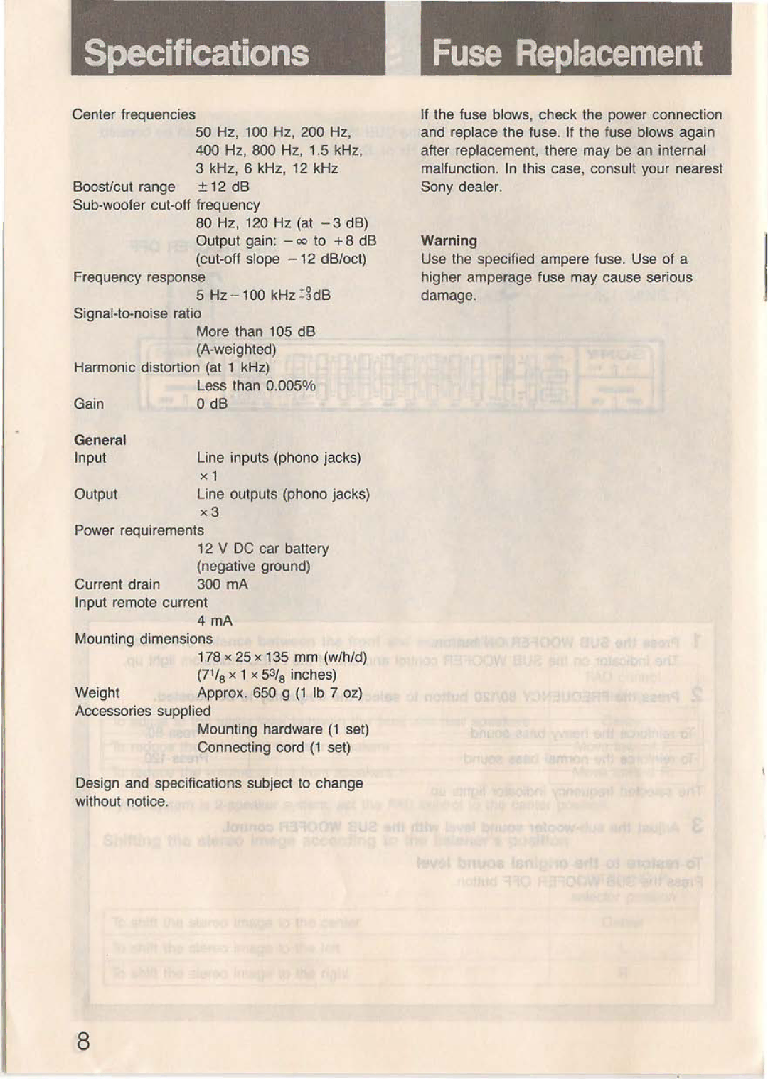 Sony XE-90MKII operating instructions Specifications, Fuse Replacement, General 