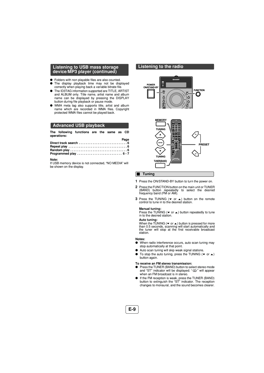 Sony XL-DH229N operation manual Advanced USB playback, Tuning 