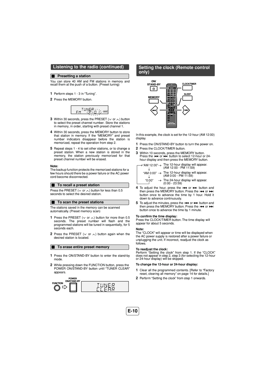 Sony XL-DH229N operation manual Setting the clock Remote control only, Presetting a station, To recall a preset station 