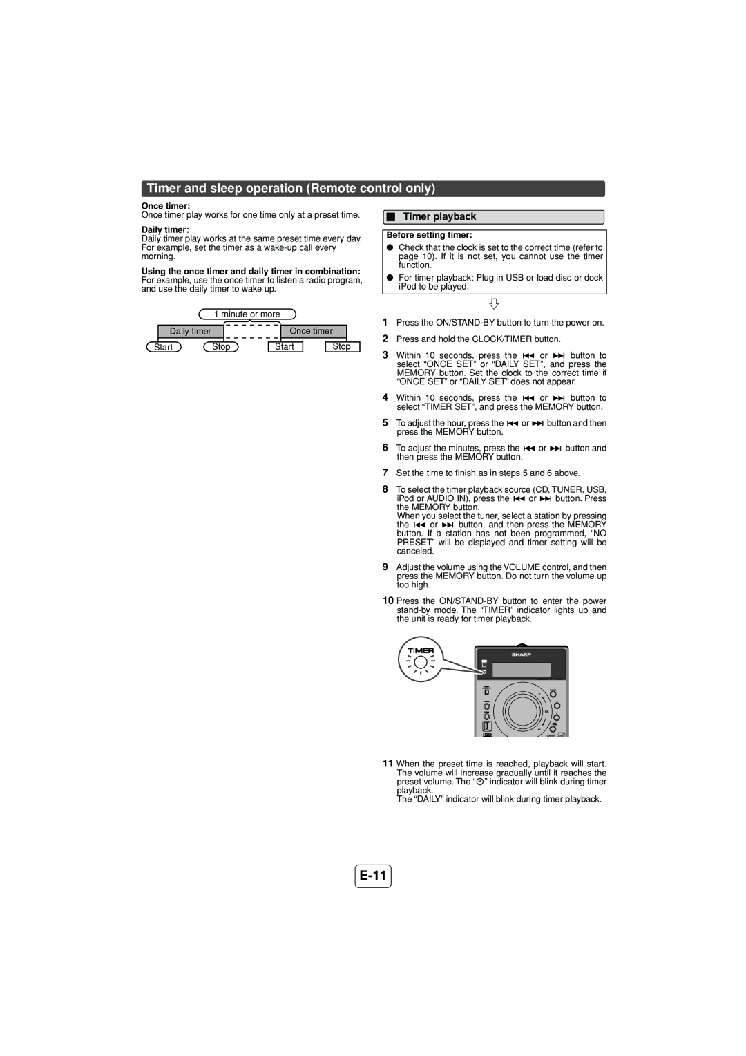 Sony XL-DH229N operation manual Timer and sleep operation Remote control only, Timer playback, Once timer, Daily timer 