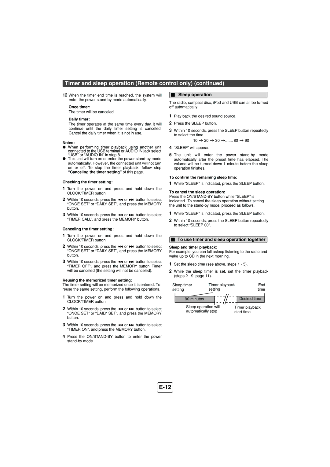 Sony XL-DH229N operation manual Sleep operation, To use timer and sleep operation together 