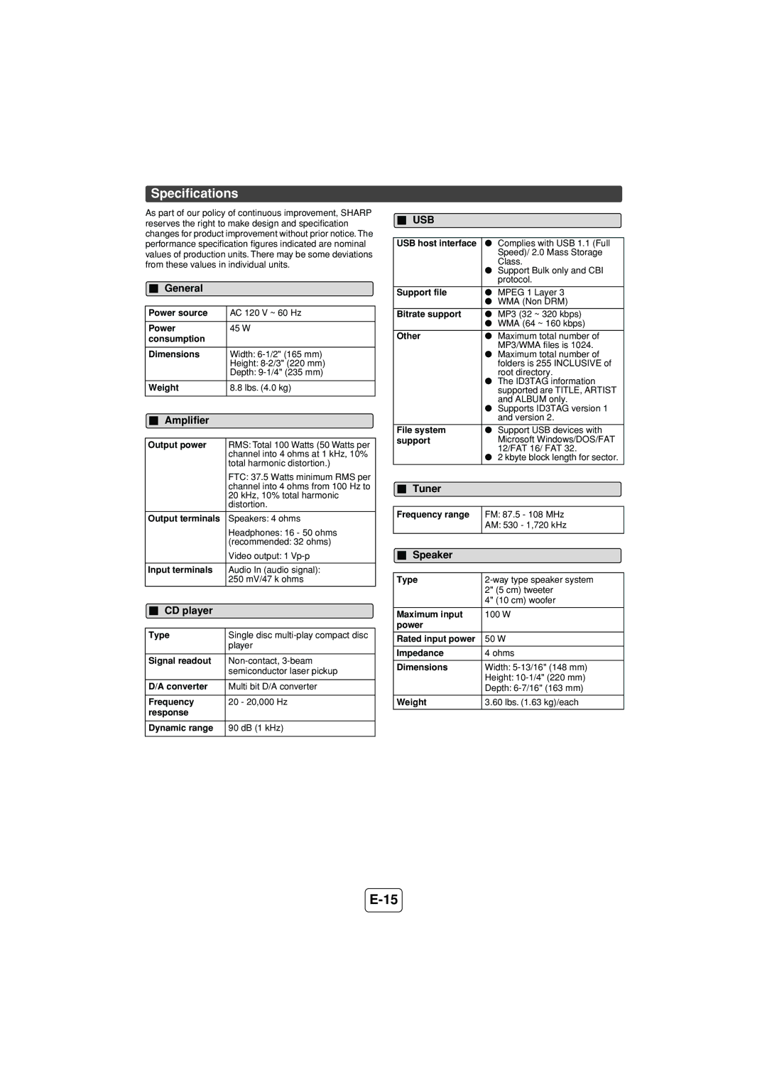 Sony XL-DH229N operation manual Speciﬁcations, Amplifier, Speaker 