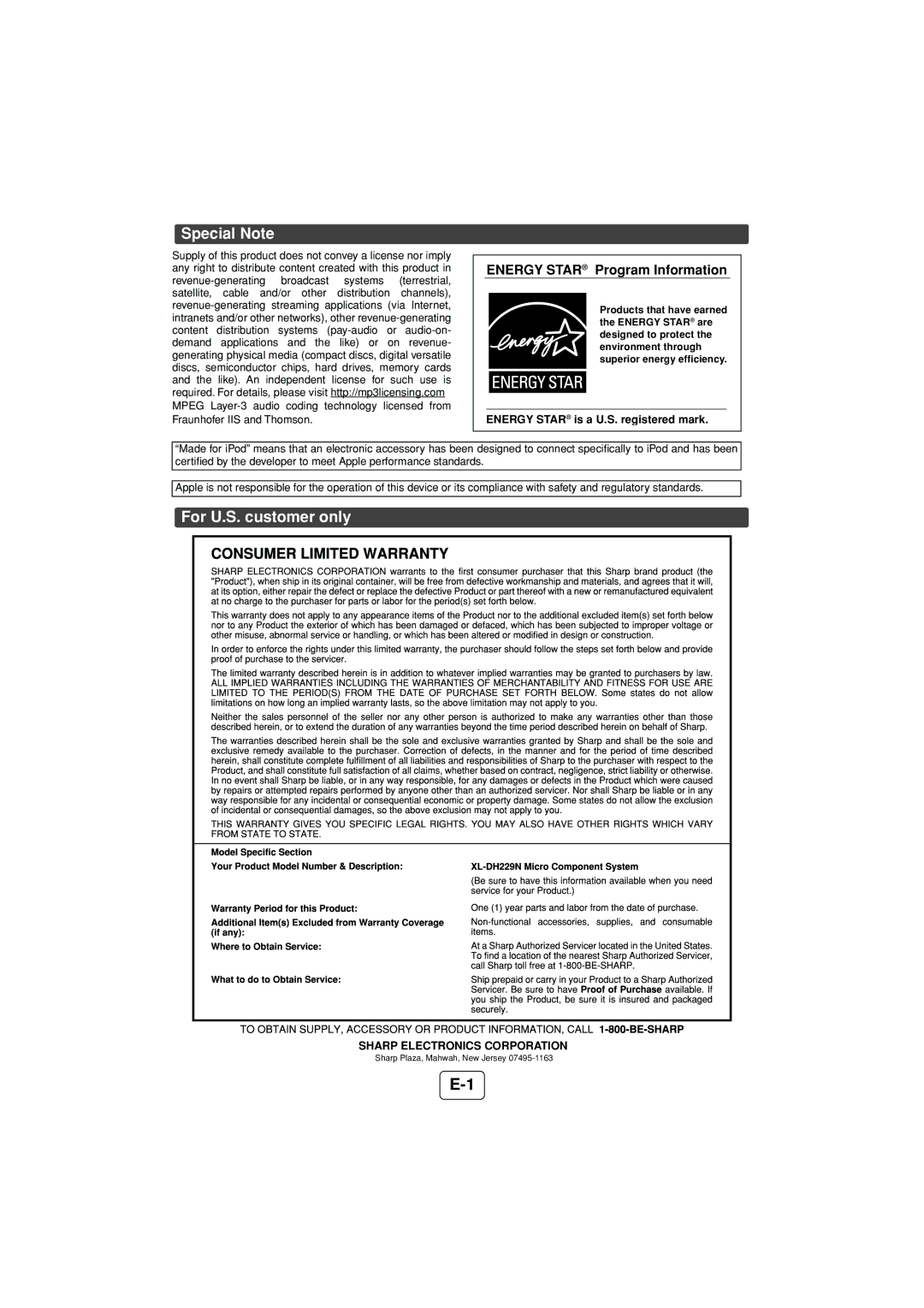 Sony XL-DH229N operation manual Special Note, For U.S. customer only, Energy Star Program Information 