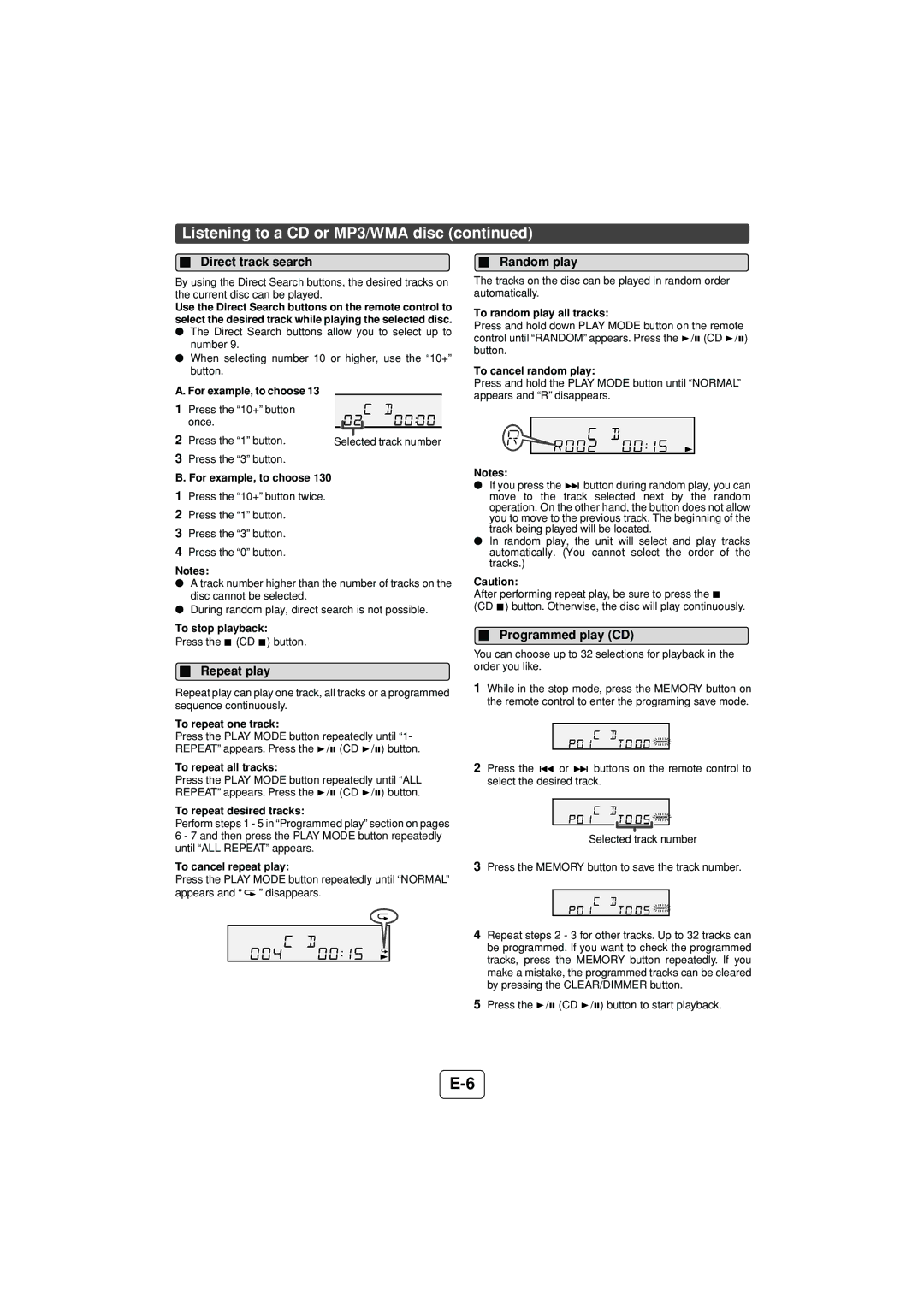 Sony XL-DH229N operation manual Direct track search, Repeat play, Random play, Programmed play CD 