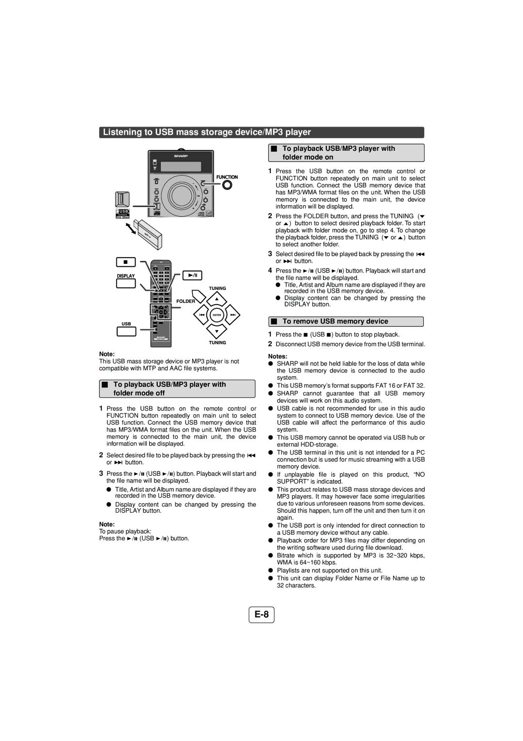 Sony XL-DH229N Listening to USB mass storage device/MP3 player, To playback USB/MP3 player with folder mode off 