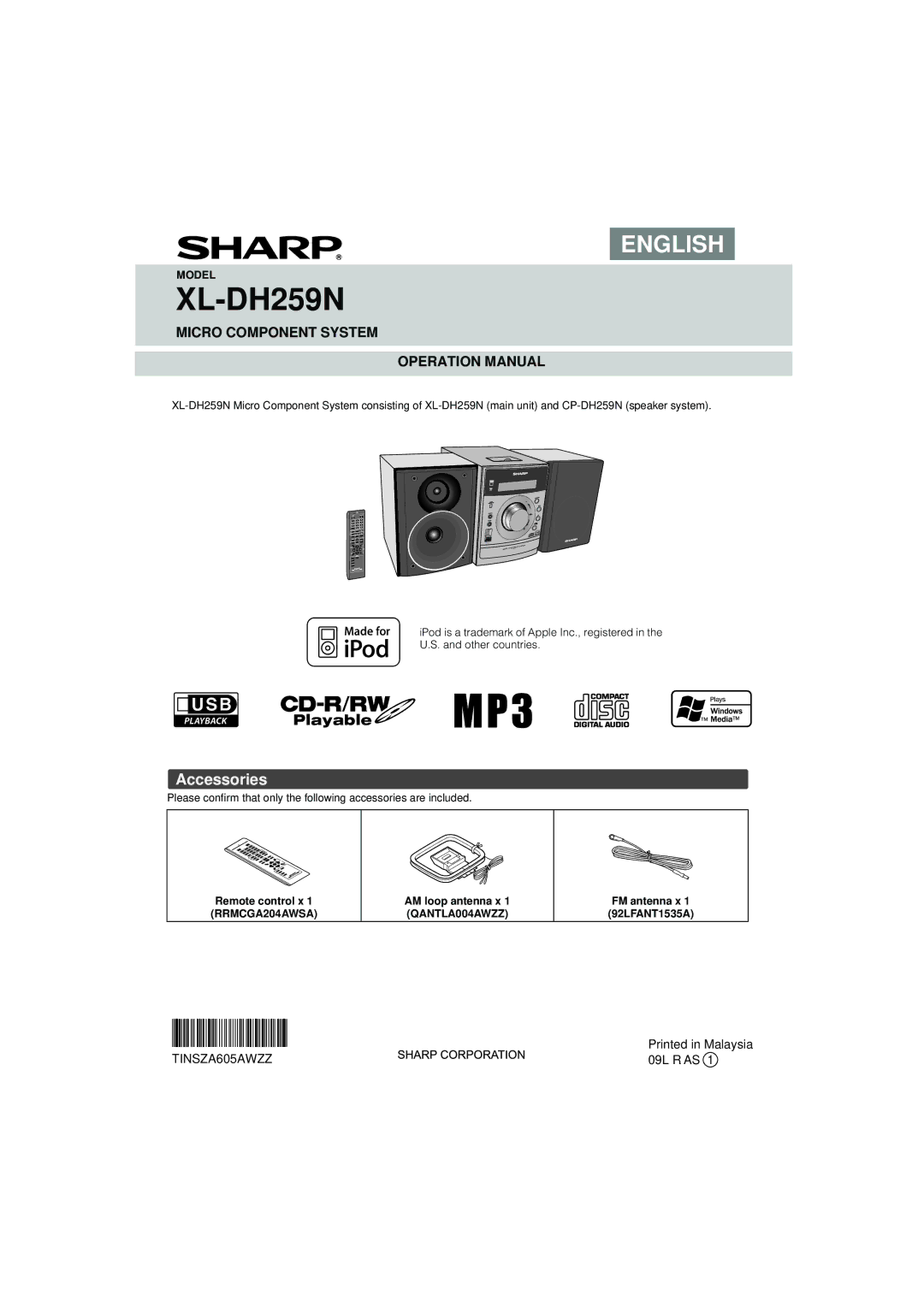 Sony XL-DH259N operation manual Accessories 