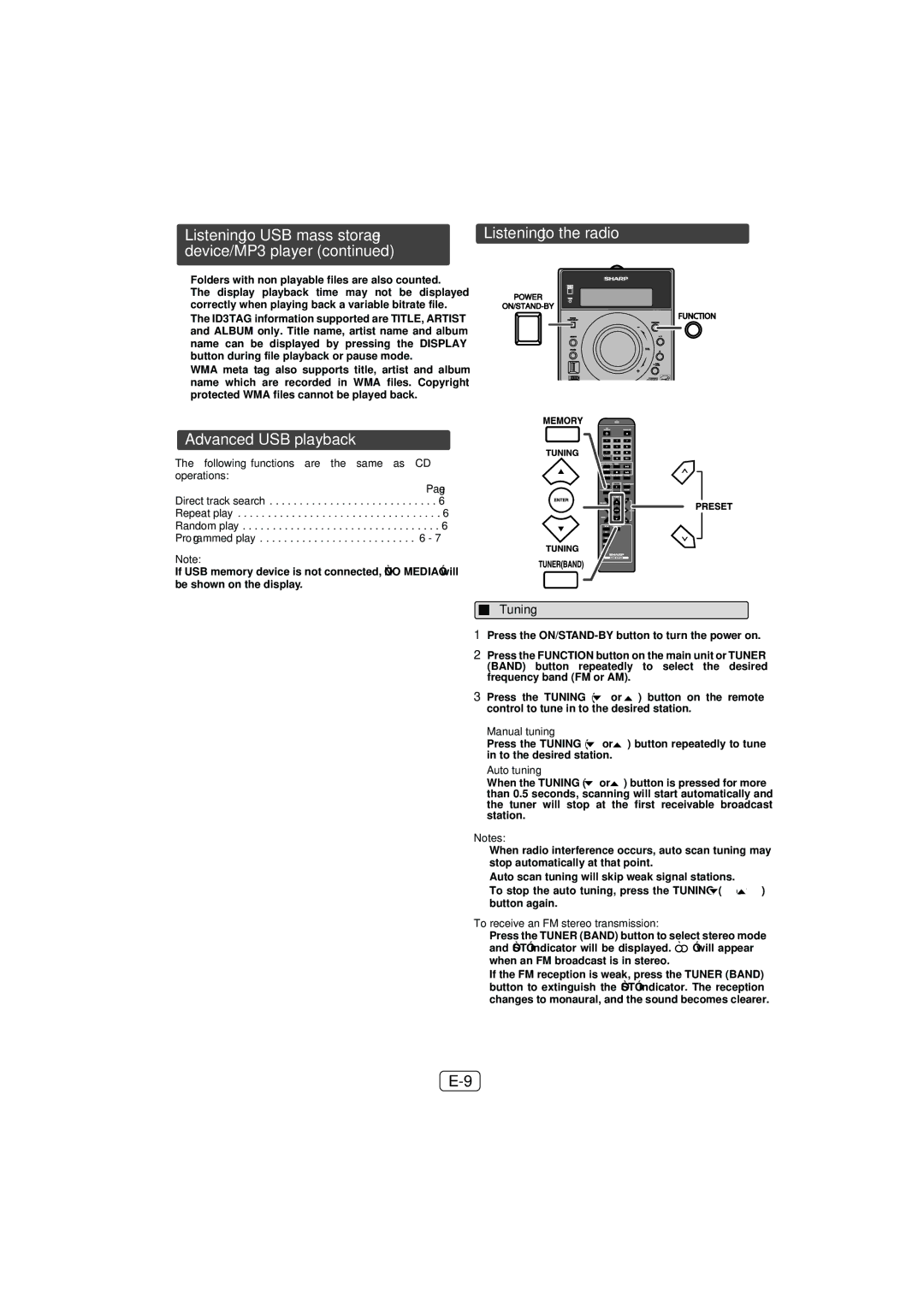 Sony XL-DH259N operation manual Advanced USB playback, Tuning 