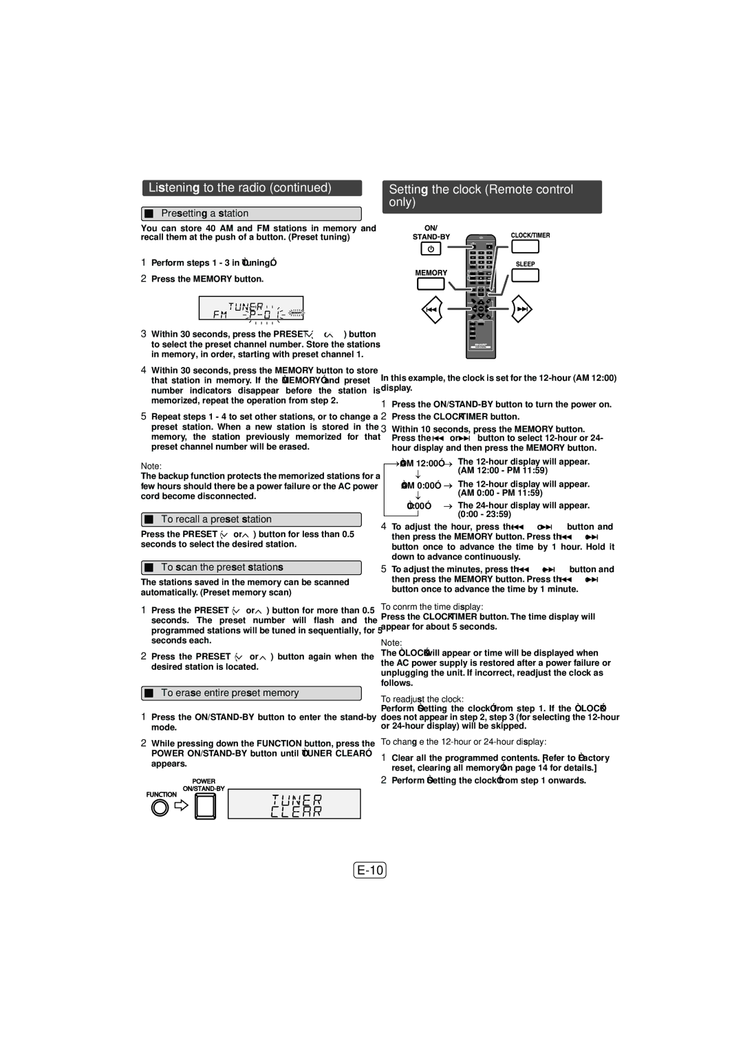 Sony XL-DH259N operation manual Setting the clock Remote control only, Presetting a station, To recall a preset station 