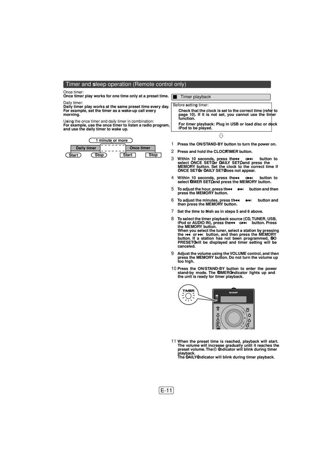 Sony XL-DH259N operation manual Timer and sleep operation Remote control only, Timer playback, Once timer, Daily timer 