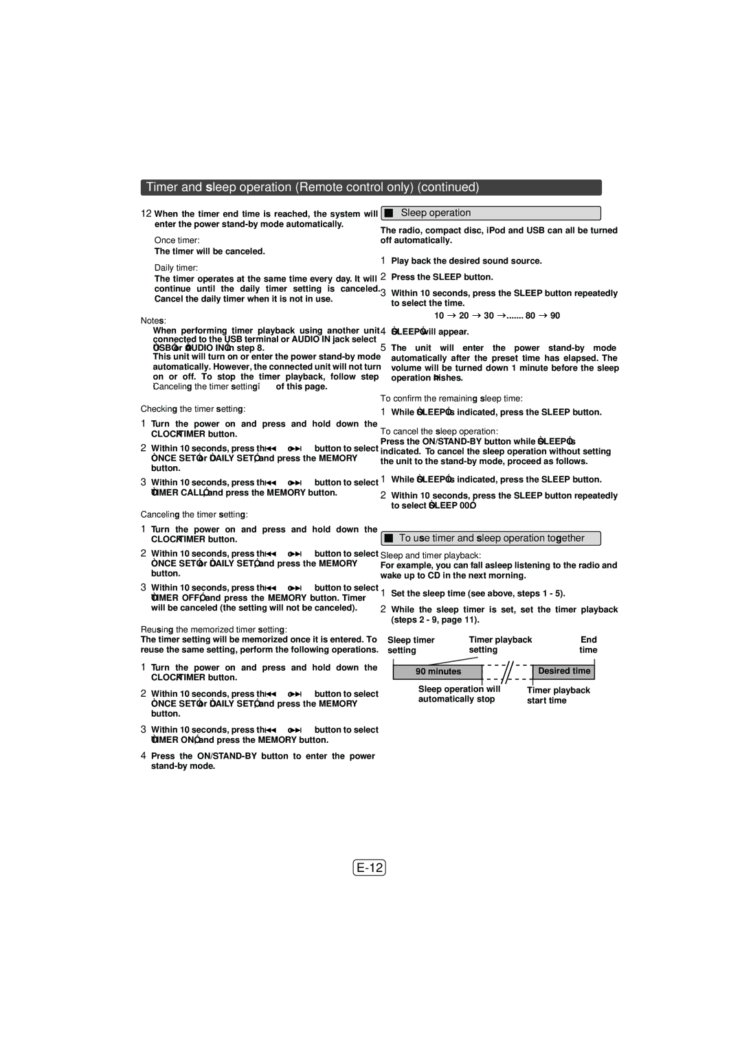 Sony XL-DH259N operation manual Sleep operation, To use timer and sleep operation together 