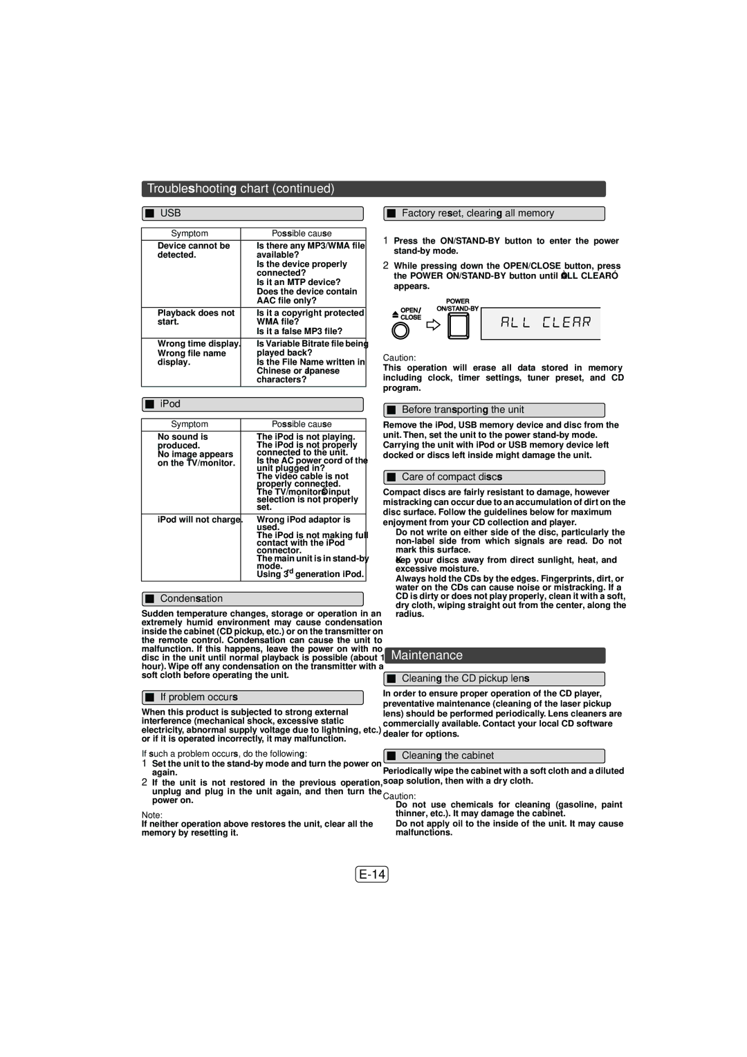 Sony XL-DH259N operation manual Maintenance 