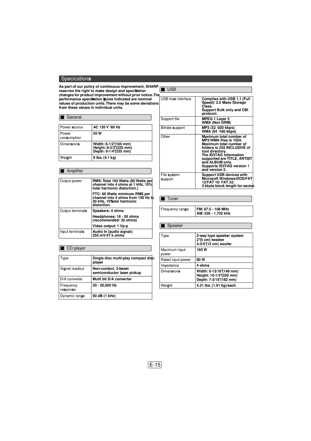 Sony XL-DH259N operation manual Speciﬁcations, Amplifier, Speaker 