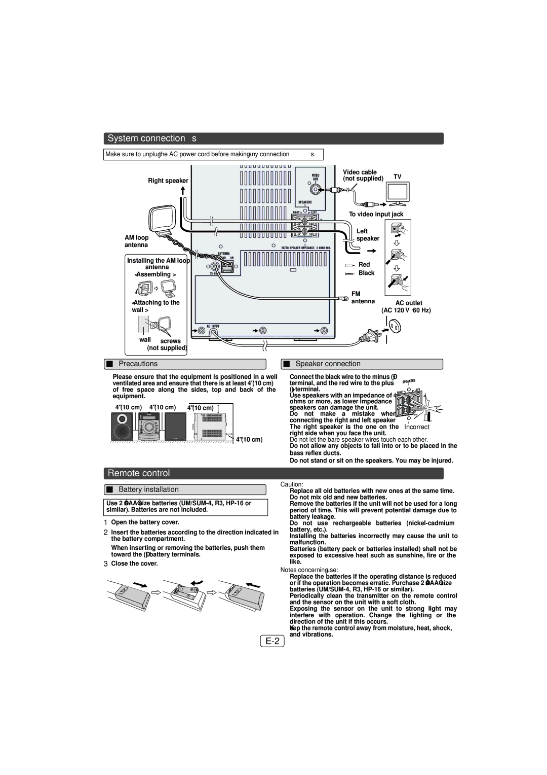 Sony XL-DH259N operation manual System connections, Remote control, Precautions, Speaker connection, Battery installation 