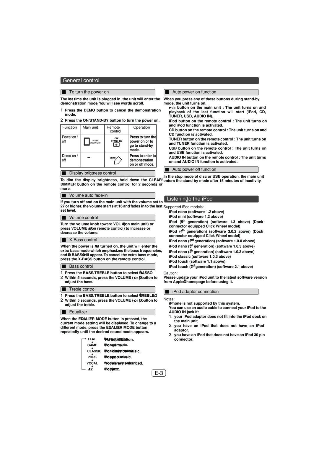 Sony XL-DH259N operation manual General control, Listening to the iPod 