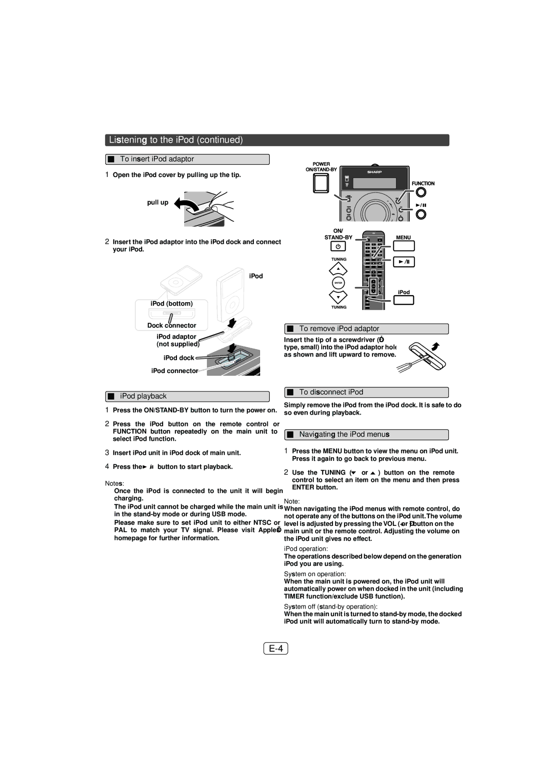 Sony XL-DH259N operation manual To insert iPod adaptor, To remove iPod adaptor, IPod playback, To disconnect iPod 