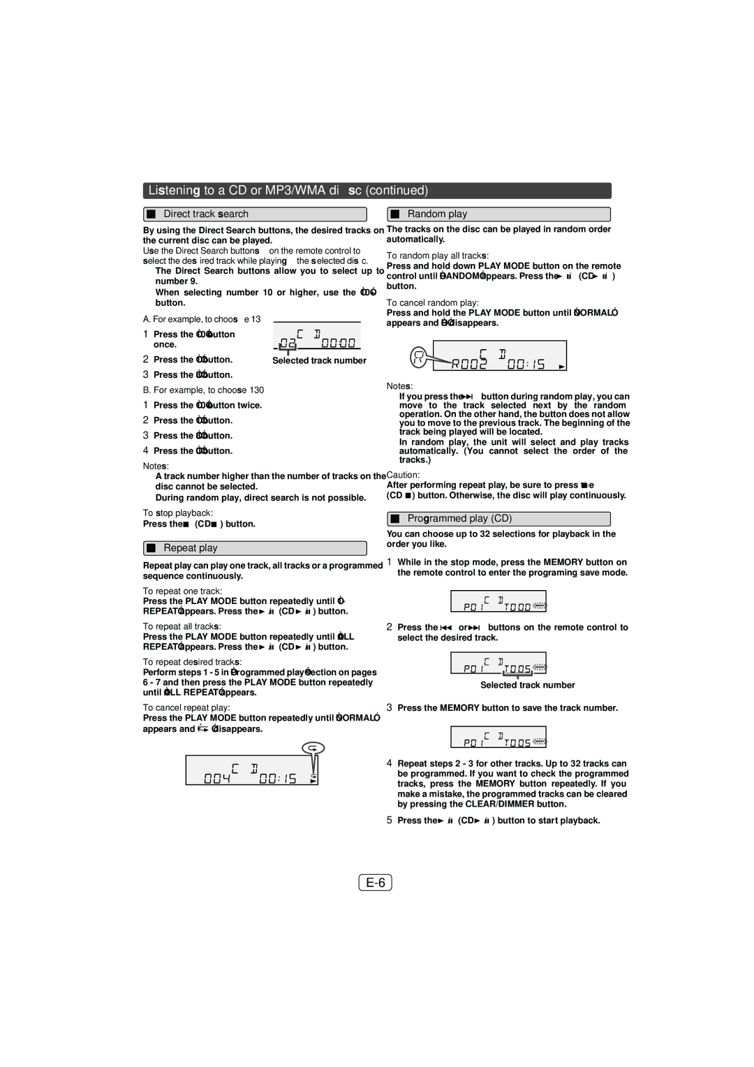 Sony XL-DH259N operation manual Direct track search, Repeat play, Random play, Programmed play CD 