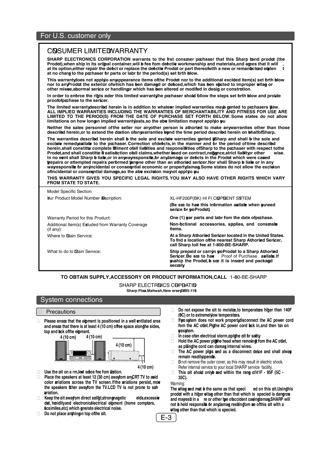 Sony XL-HF200P(BK) operation manual For U.S. customer only, System connections, Precautions, 10 cm 