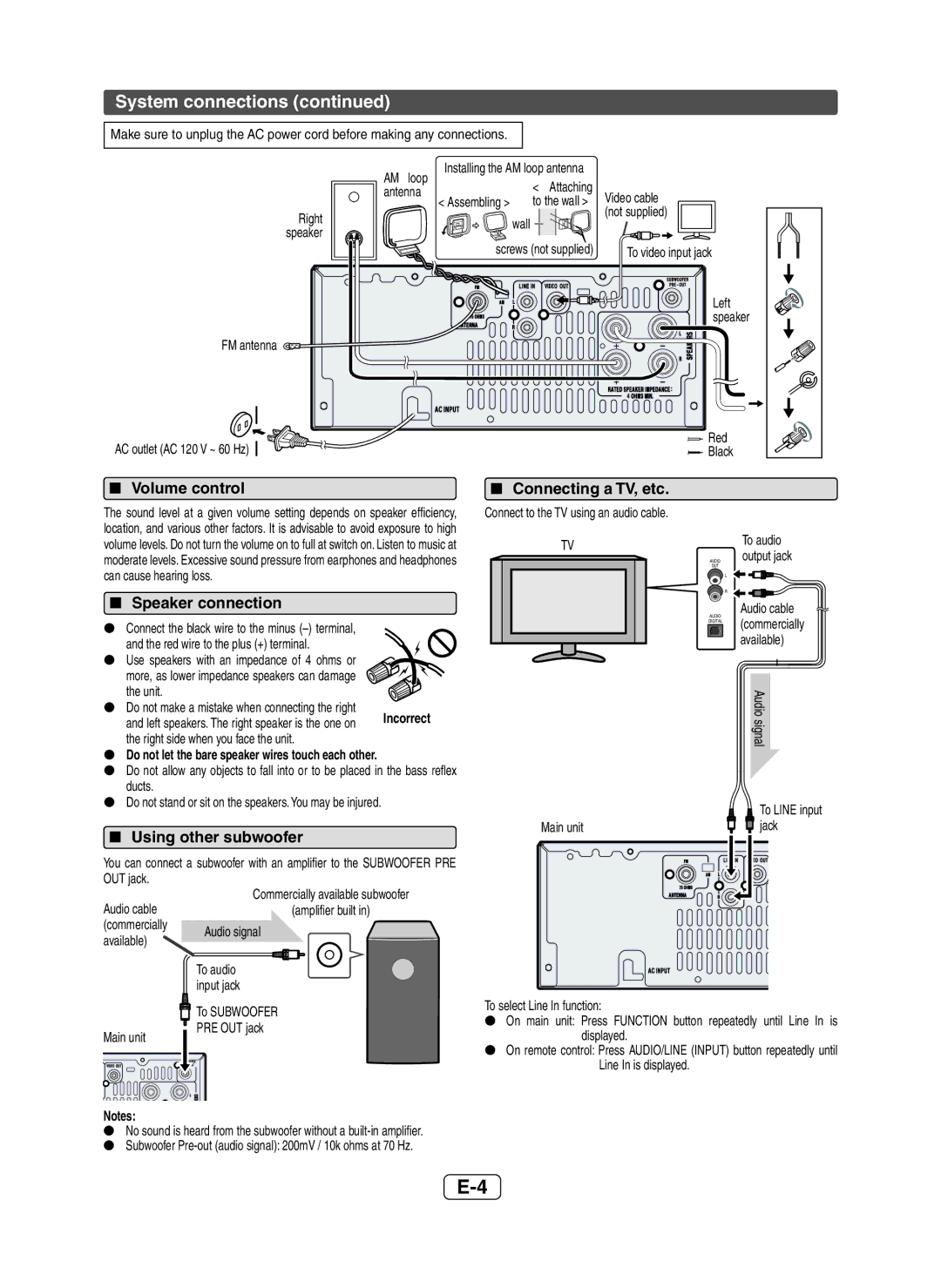 Sony XL-HF200P(BK) System connections, Volume control, Speaker connection, Using other subwoofer, Connecting a TV, etc 