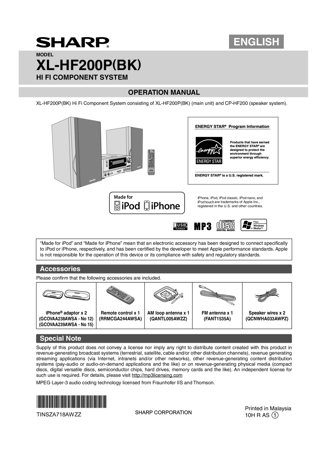 Sony XL-HF200P(BK) operation manual Accessories, Special Note, XL-HF200PBK, English, TINSZA718AWZZ 