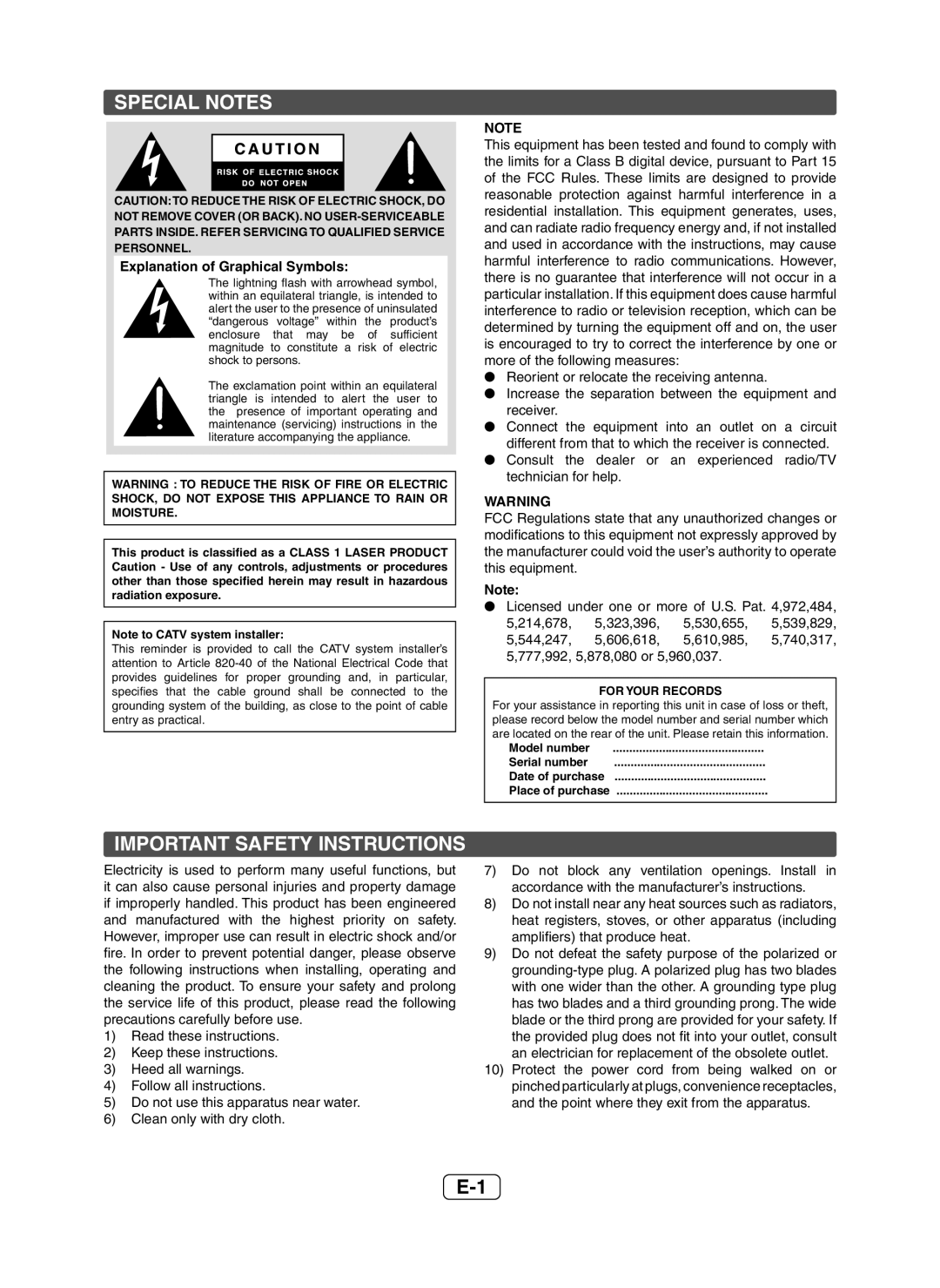 Sony XL-HF200P(BK) operation manual Special Notes, Important Safety Instructions 