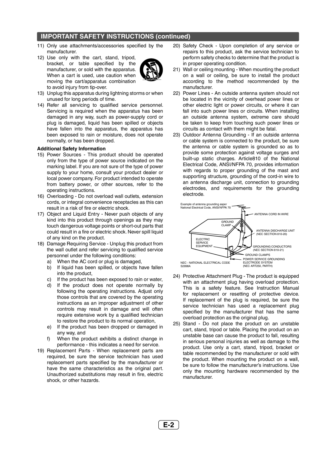 Sony XL-HF200P(BK) operation manual IMPORTANT SAFETY INSTRUCTIONS continued 