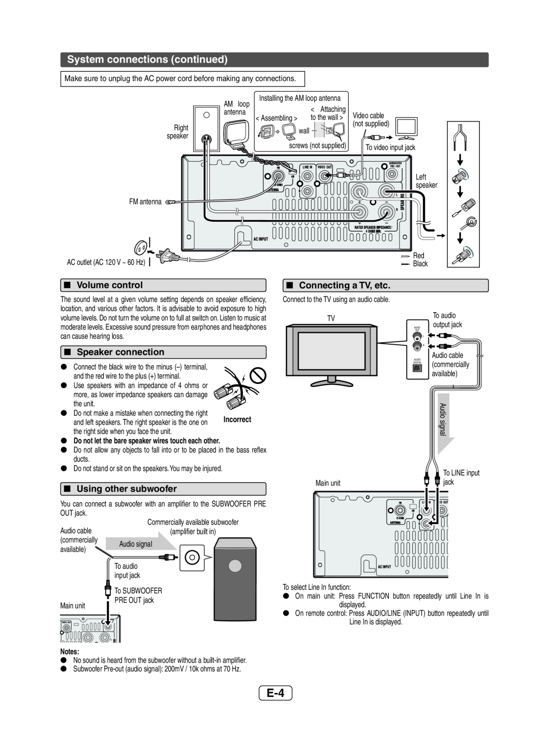 Sony XL-HF200P(BK) operation manual System connections continued, Volume control, Speaker connection, Using other subwoofer 