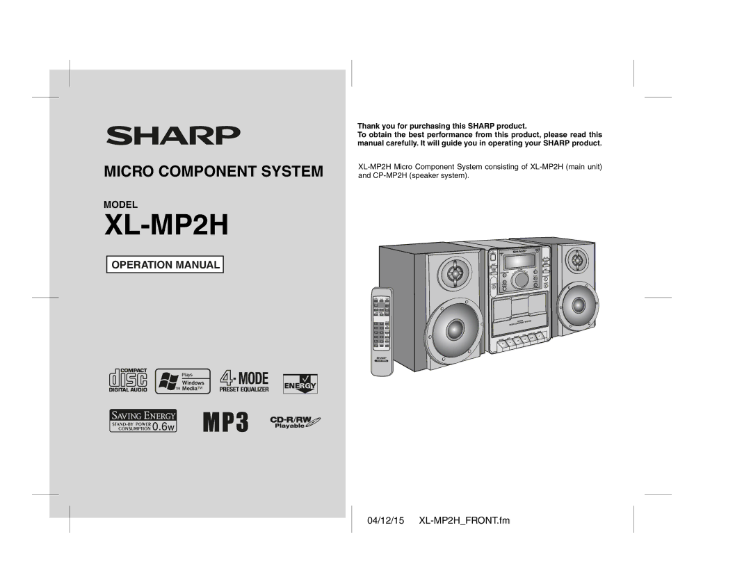 Sony XL-MP2H operation manual Thank you for purchasing this Sharp product 