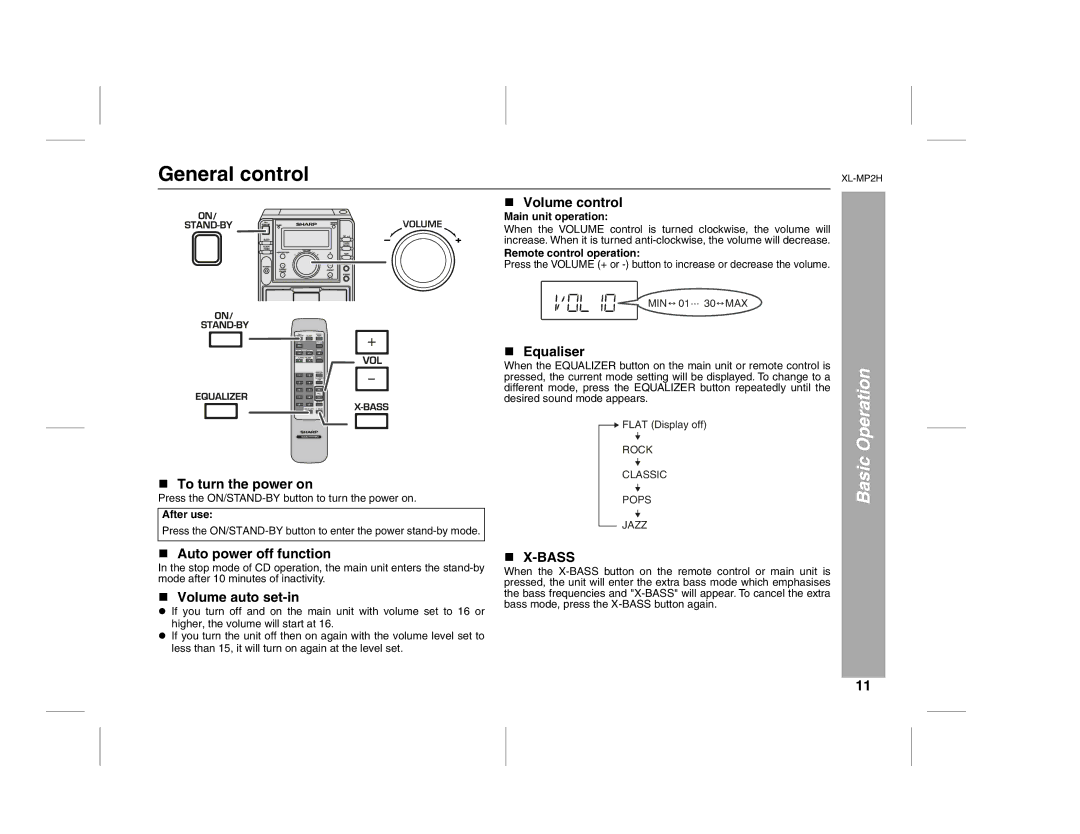 Sony XL-MP2H operation manual General control, Basic Operation 