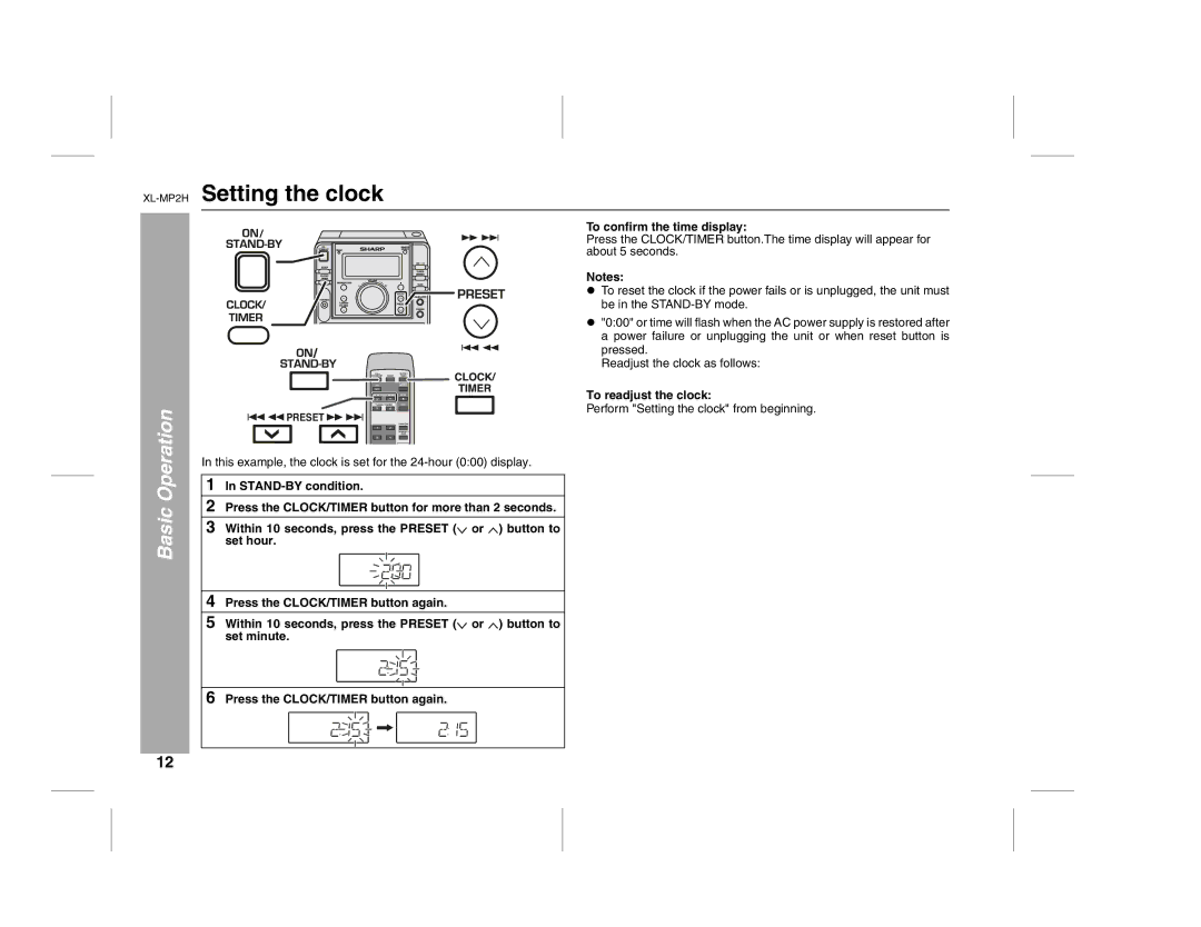 Sony XL-MP2H operation manual Setting the clock, To readjust the clock 