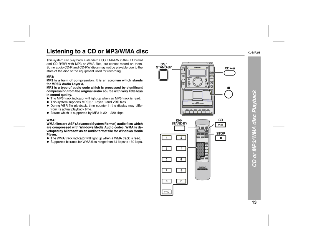 Sony XL-MP2H operation manual Listening to a CD or MP3/WMA disc, CD or MP3/WMA disc Playback 