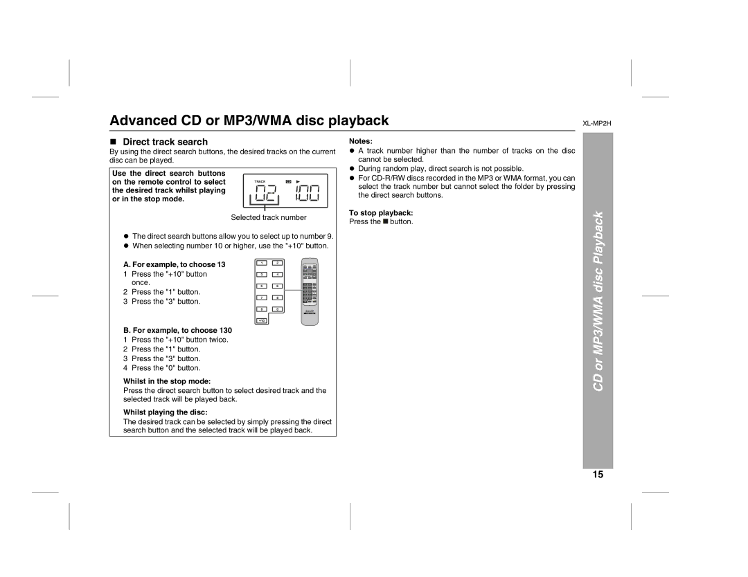 Sony XL-MP2H operation manual Advanced CD or MP3/WMA disc playback, Direct track search 