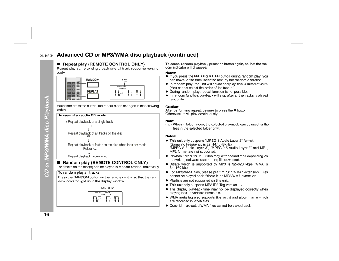 Sony XL-MP2H operation manual Repeat play Remote Control only, Random play Remote Control only, Case of an audio CD mode 