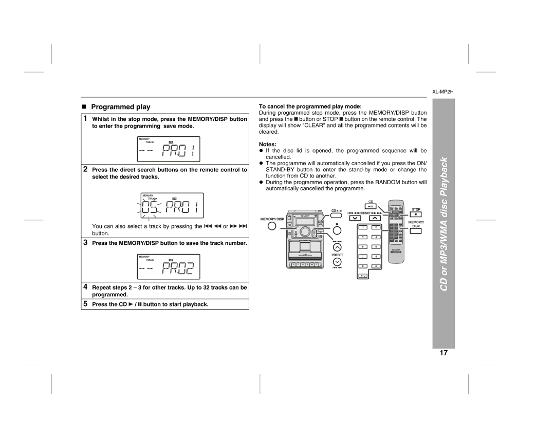 Sony XL-MP2H operation manual Programmed play, Press the MEMORY/DISP button to save the track number 