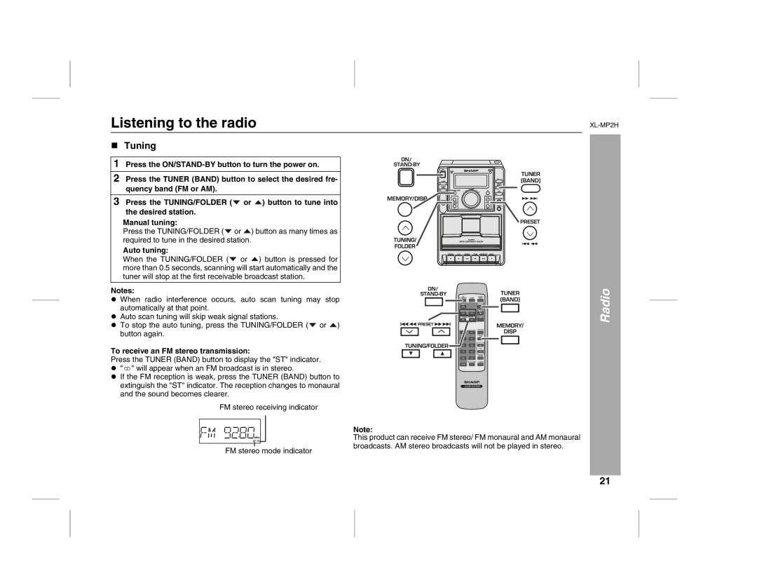 Sony XL-MP2H operation manual Listening to the radio, Radio, Tuning, Auto tuning, To receive an FM stereo transmission 